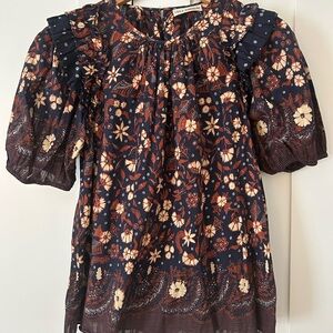 Ulla Johnson Brown and Cream Puff Sleeve Blouse